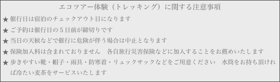 エコツアー体験（トレッキング）に関する注意事項
催行日は宿泊のチェックアウト日になります
ご予約は催行日の５日前が締切りです
当日の天候などで催行に危険が伴う場合は中止となります
保険加入料は含まれておりません　各自旅行災害保険などに加入することをお薦めいたします
歩きやすい靴・帽子・雨具・防寒着・リュックサックなどをご用意ください　水筒をお持ち頂ければ冷たい麦茶をサービスいたします
